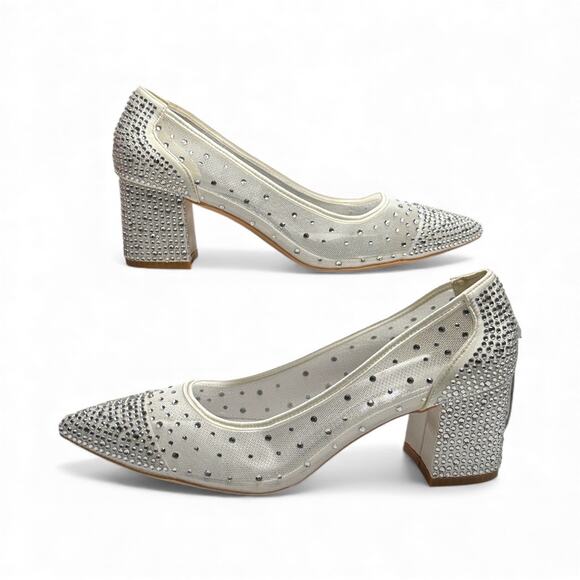 Silver Rhinestone Mesh Heels Women’s Block Wedding Shoes EU 38 / US 7.5 - Picture 4 of 14